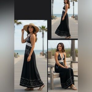 Elegant Black and White Halter Maxi Dress